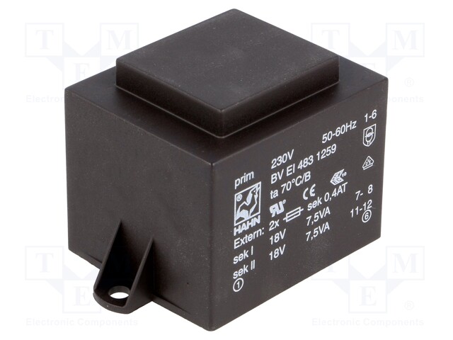 Transformer: encapsulated; 15VA; 230VAC; 18V; 18V; 417mA; 417mA