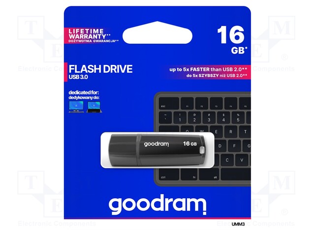 Pendrive; USB 3.0; 16GB; Read: 60MB/s; Write: 20MB/s; Colour: black
