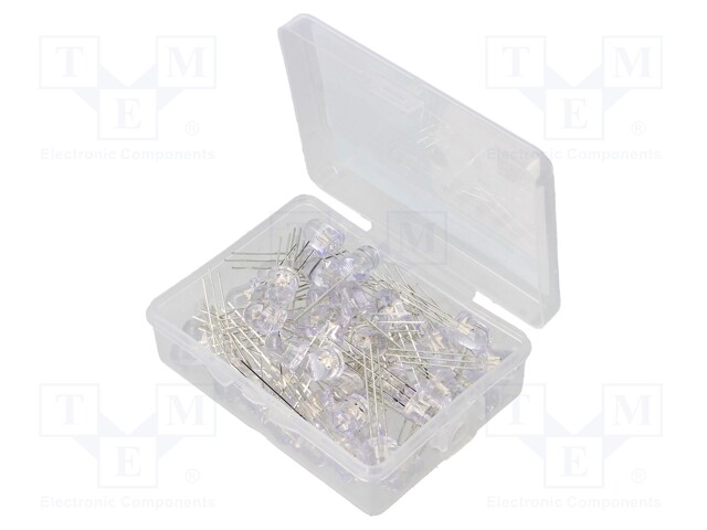Kit: LED; 8mm; THT; 50pcs; red/blue; 3÷15V; plastic box; 7.5÷8mA; 30°