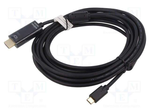 Adapter; HDMI 2.0; HDMI plug,USB C plug; nickel plated; 5m; black