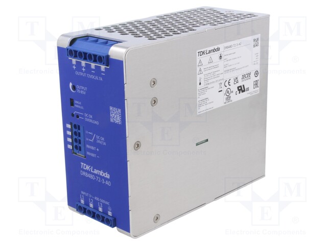 Power supply: switched-mode; for DIN rail; 480W; 72VDC; 6.7A; DRB