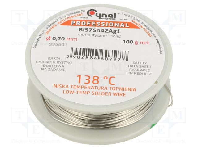 Solid,soldering wire; Bi57Sn42Ag1; 0.7mm; 100g; lead free; reel
