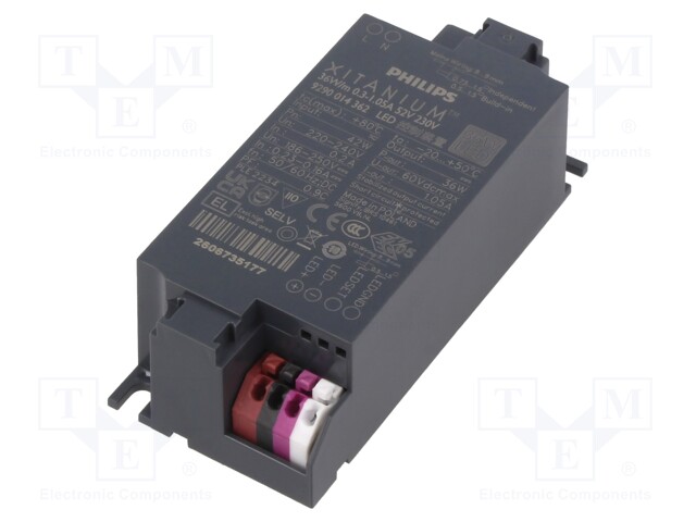Power supply: switched-mode; LED; 36W; 24÷52VDC; 300÷1050mA; IP20