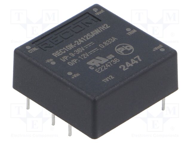 Converter: DC/DC; 10W; Uin: 9÷36V; Uout: 12VDC; Iout: 833mA; 1"x1"