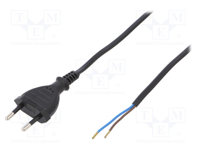Cable; CEE 7/16 (C) plug,wires; 1.5m; black; PVC; 2x0,5mm2; 2.5A