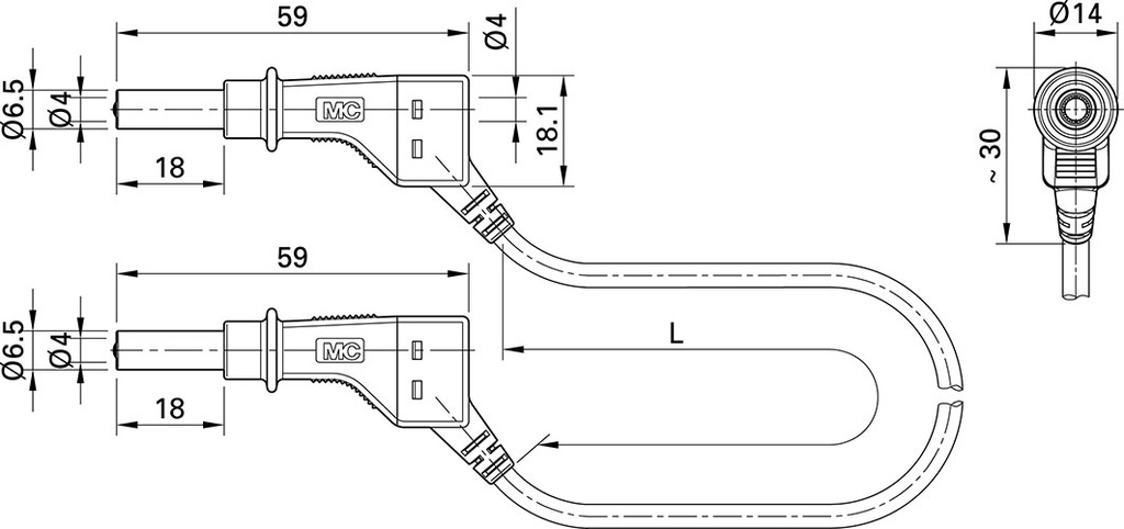Test lead; 19A; banana plug 4mm,both sides; Len: 0.5m; blue