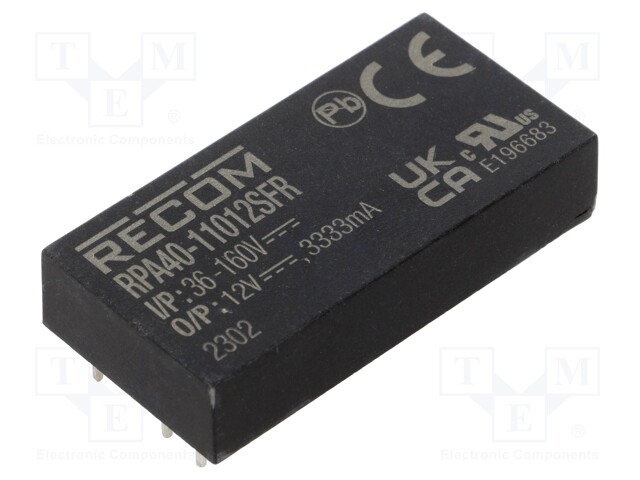 Converter: DC/DC; 40W; Uin: 36÷160V; Uout: 12VDC; Iout: 3333mA; 2"x1"