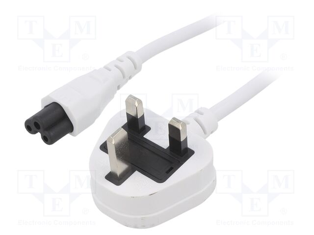 Cable; 3x0.75mm2; BS 1363 (G) plug,IEC C5 female; PVC; 1.8m; 3A