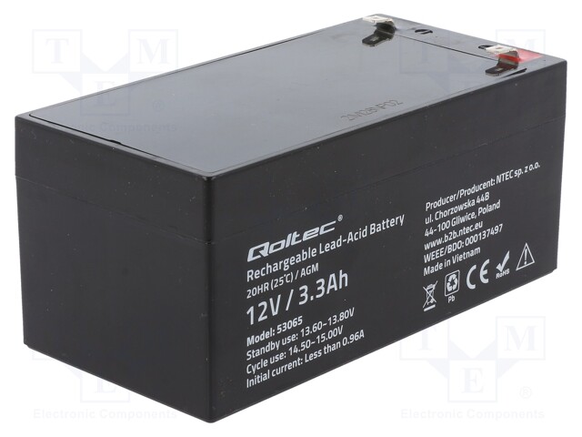 Re-battery: acid-lead; 12V; 3.3Ah; AGM; maintenance-free