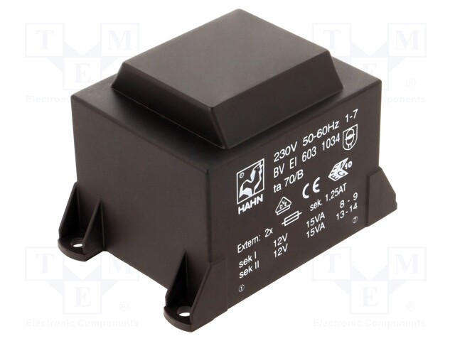 Transformer: encapsulated; 30VA; 230VAC; 12V; 12V; 1250mA; 1250mA