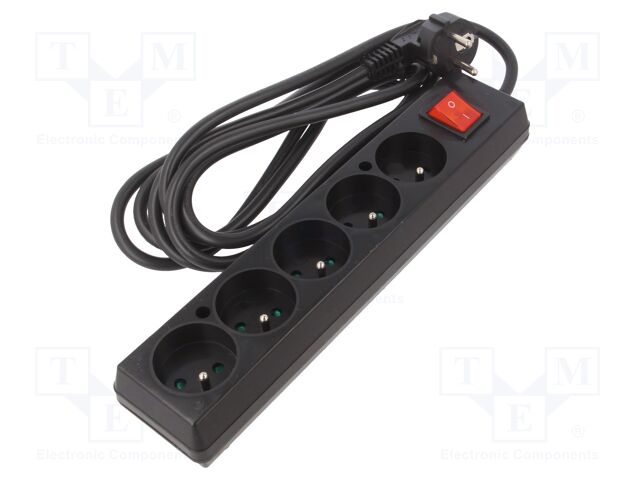 Extension lead; Sockets: 5; PVC; black; 3x1,5mm2; 3m; 16A