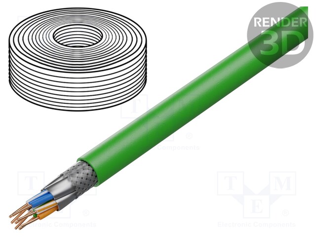 Wire; S/FTP; 4x2x22AWG; Cat 8.2; solid; Cu; LSZH; green; 500m