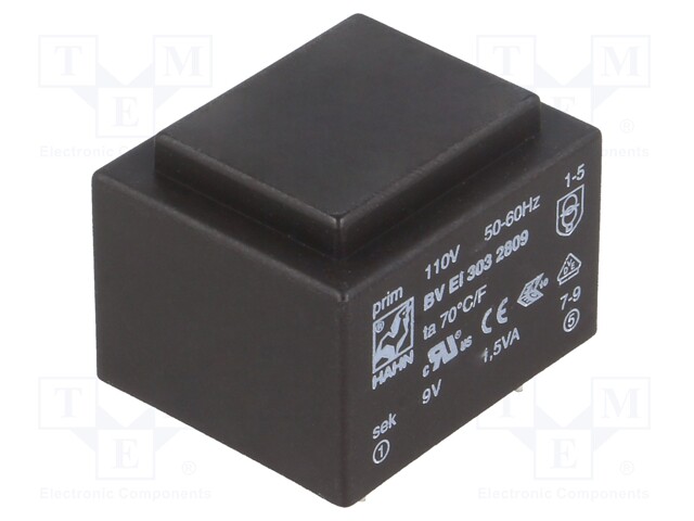 Transformer: encapsulated; 1.5VA; 110VAC; 9V; 167mA; Mounting: PCB