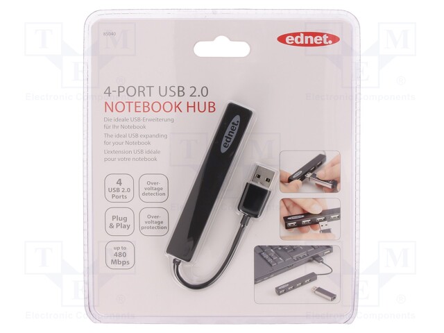 Hub USB; USB 2.0; PnP; black; Number of ports: 4; 480Mbps