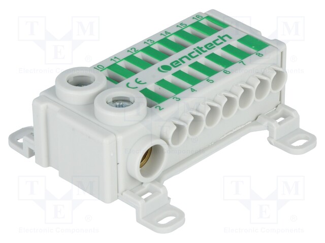 Splice terminal: distribution block; ways: 1; terminals: 16; green