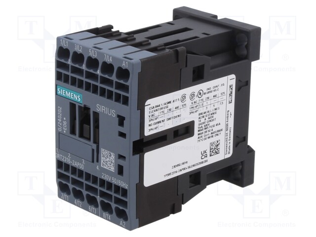 Contactor: 4-pole; NO x4; 230VAC; 9A; DIN,on panel; 3RT23; -25÷60°C