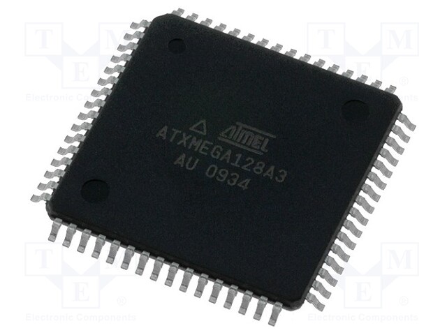 AVR microcontroller; EEPROM: 2kB; SRAM: 8kB; Flash: 128kB; TQFP64