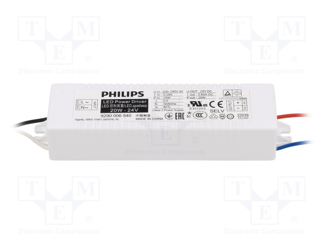 Power supply: switched-mode; LED; 20W; 24VDC; 0÷850mA; 90÷264VAC