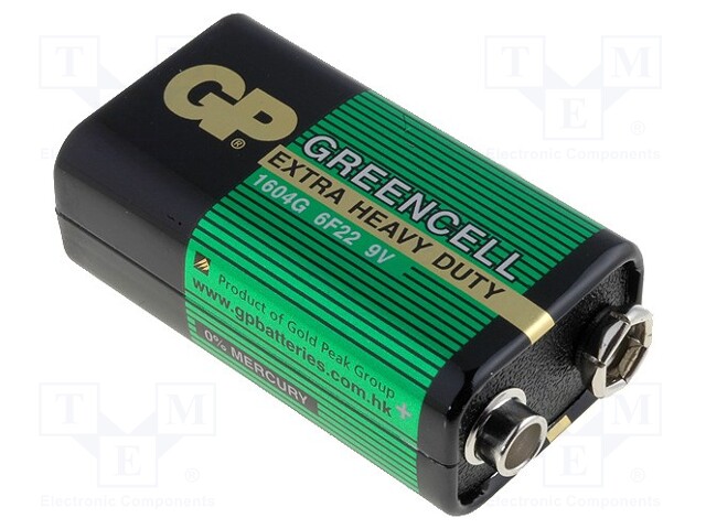 Battery: zinc-chloride; 9V; 6F22; non-rechargeable