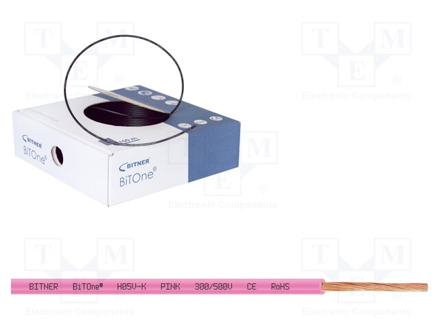 Wire; BiTOne; stranded; Cu; 0.5mm2; pink; PVC; 300/500V; 100m