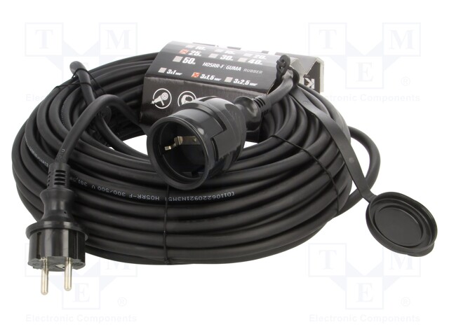 Extension lead; Sockets: 1; rubber; black; 3x1,5mm2; 25m; 16A