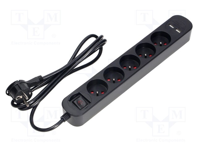 Plug socket strip: protective; Sockets: 5; 230VAC; 10A; black; IP20