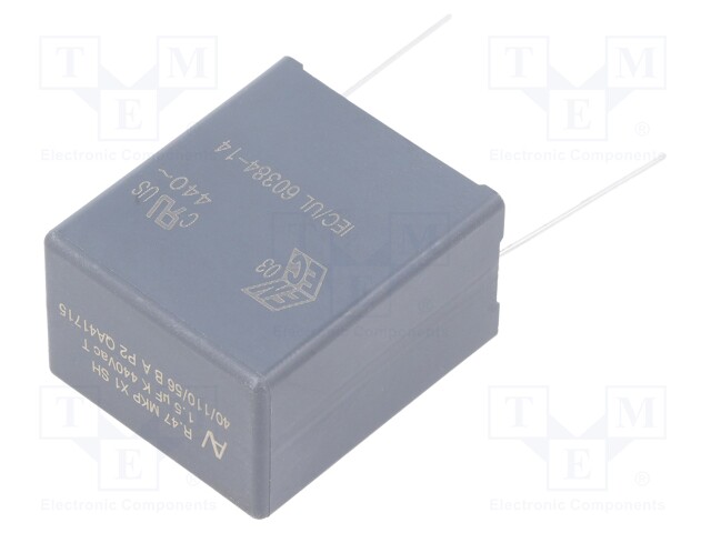 Capacitor: polypropylene; X1; 1.5uF; 440VAC; ±10%; Pitch: 27.5mm