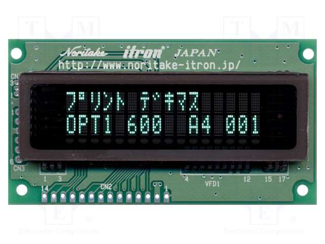 Display: VFD; alphanumeric; 16x2; Char: 4.759mm; 350cd/m2; PIN: 20