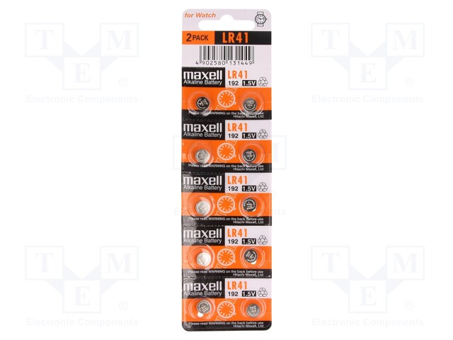 Battery: alkaline; 1.5V; LR41,R736,coin; Batt.no: 10; Ø7.9x3.6mm