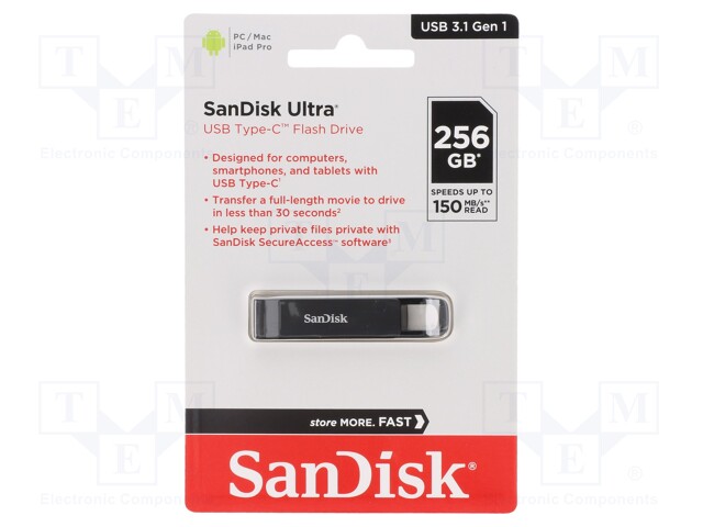 Pendrive; USB 3.1; 256GB; 150MB/s; USB C; ULTRA USB