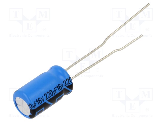 Capacitor: electrolytic; THT; 220uF; 16VDC; Pitch: 2.5mm; ±20%