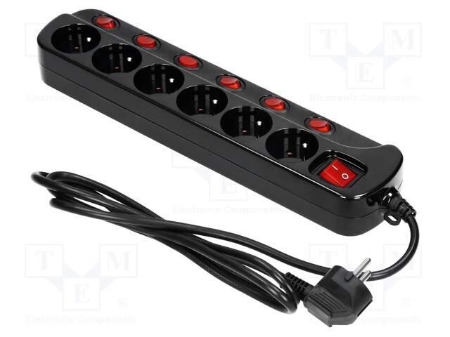Plug socket strip: protective; Sockets: 6; 230VAC; 10A; black; 1.5m