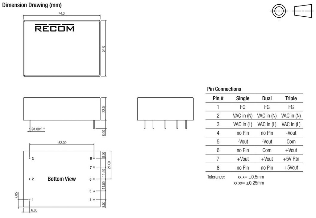 Converter: AC/DC; 15W; Uout: 24VDC; Iout: 625mA; 80%; Mounting: PCB