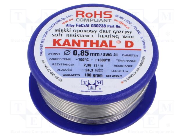 Resistance wire; 2.38Ω/m; -100÷1300°C; 0.1kg; Øout: 0.85mm; FeCrAl