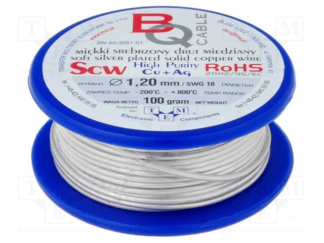 Silver plated copper wires; 1.2mm; 100g; 9.5m; -200÷800°C