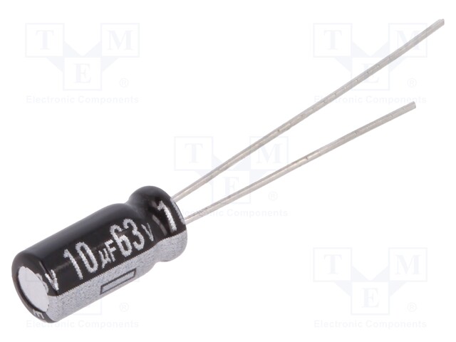 Capacitor: electrolytic; THT; 10uF; 63VDC; Ø5x11mm; Pitch: 2mm; ±20%