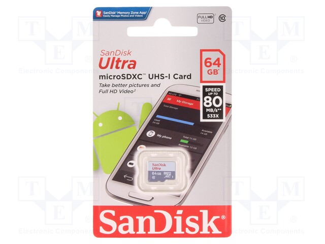 Memory card; Android,UHS-I; SD XC Micro; 64GB; Class 10