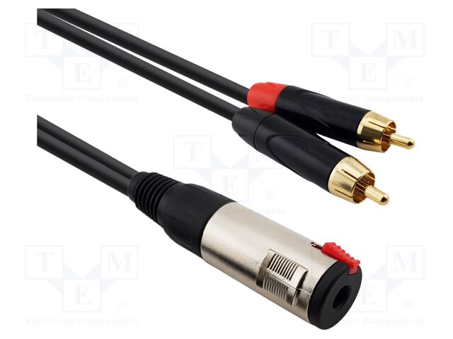 Cable; Jack 6,3mm socket,RCA plug x2; 0.3m; black; PVC