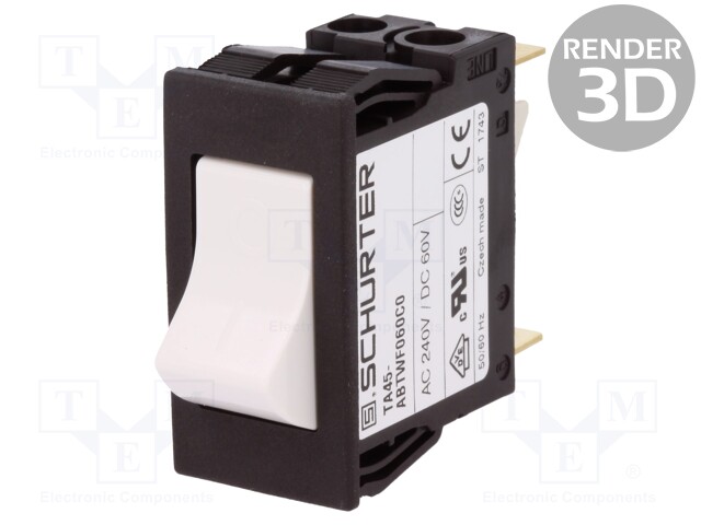Circuit breaker; Urated: 240VAC; 60VDC; 20A; DPST; Poles: 2; SNAP-IN