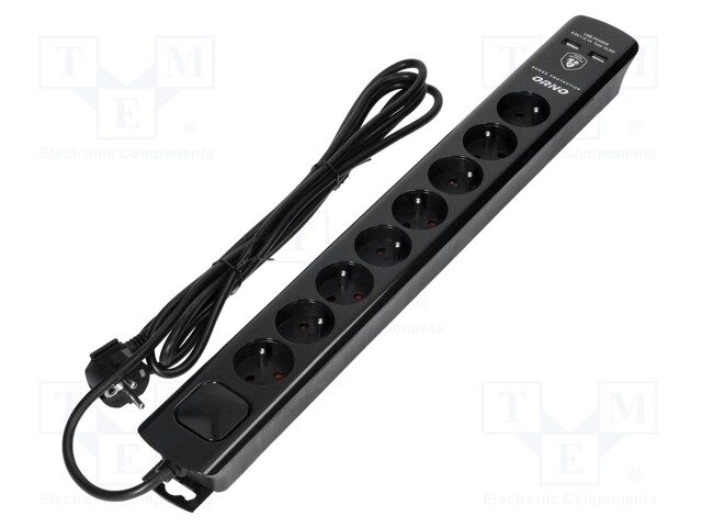 Plug socket strip: protective; Sockets: 8; 230VAC; 10A; black; 3m