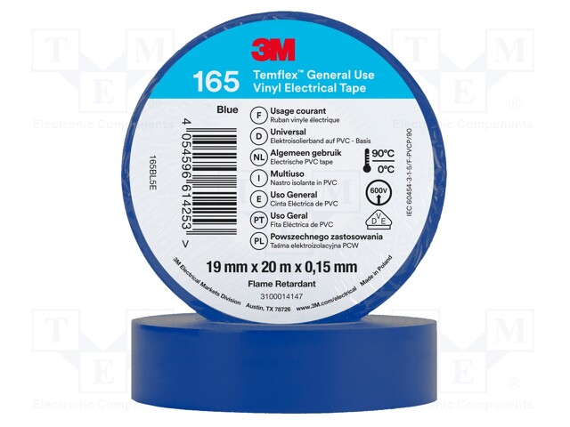 Tape: electrical insulating; W: 19mm; L: 20m; Thk: 0.15mm; blue; 200%