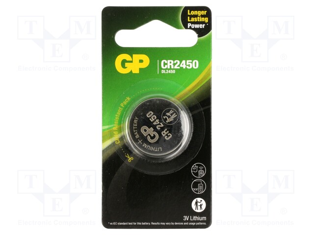 Battery: lithium; 3V; CR2450,coin; 610mAh; non-rechargeable