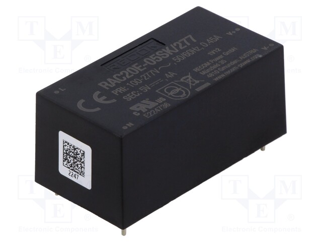 Converter: AC/DC; 20W; 85÷305VAC; 5VDC; Iout: 4000mA; 80%; PCB; 4000V