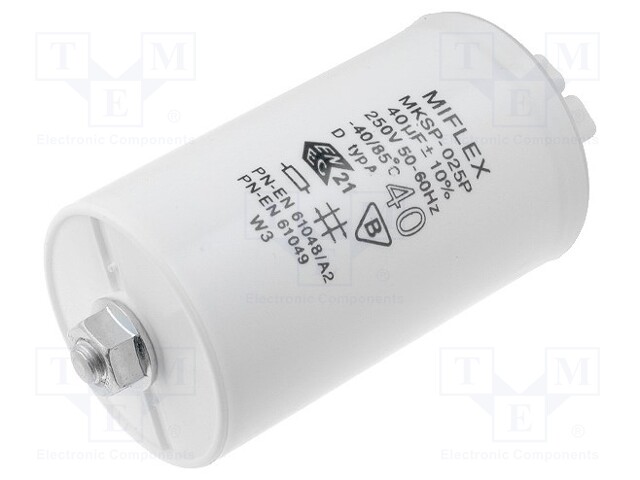 Capacitor: for discharge lamp; 40uF; 250VAC; ±10%; Ø45x95mm; V: 6