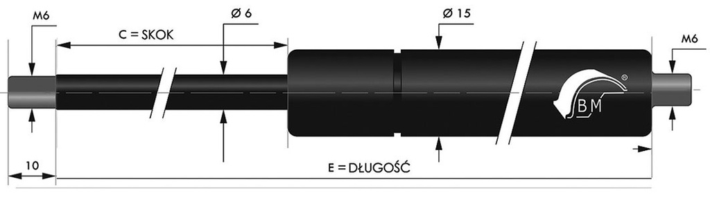 Gas spring; Thread: M6; E: 335mm; Øout: 15mm; Piston diam: 6mm; 300N