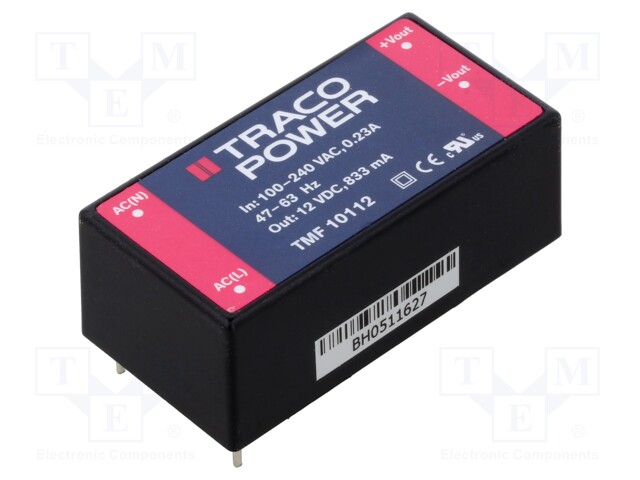 Converter: AC/DC; 10W; Uout: 12VDC; Iout: 833mA; 84%; Mounting: PCB