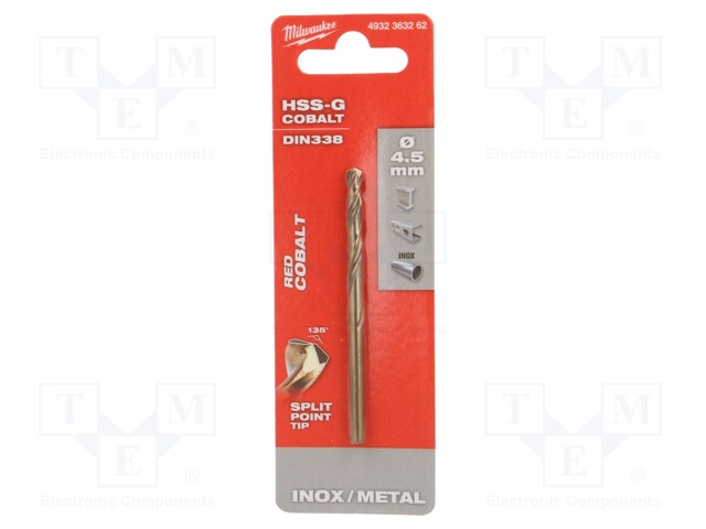 Drill bit; for metal; Ø: 4.5mm; high speed steel cobalt HSS-Co