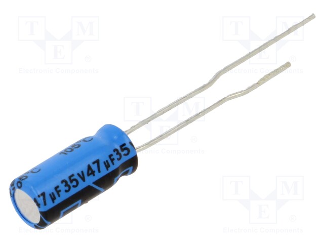 Capacitor: electrolytic; THT; 47uF; 35VDC; Pitch: 2mm; ±20%; 2000h