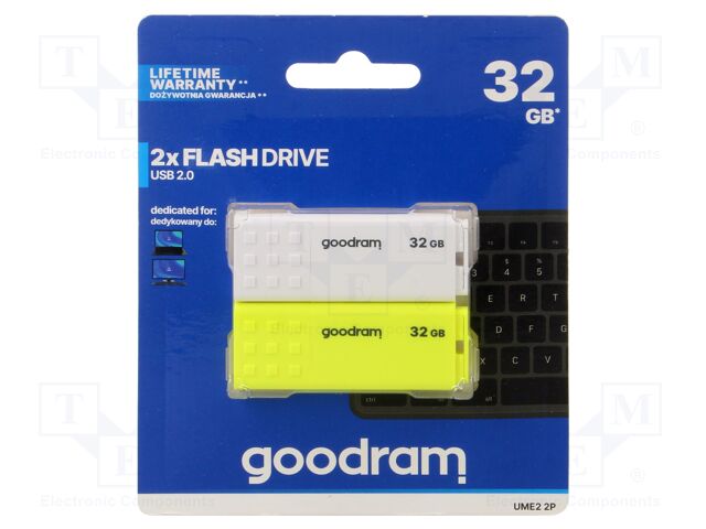 Pendrive; USB 2.0; 32GB; R: 20MB/s; W: 5MB/s; white,yellow; USB A