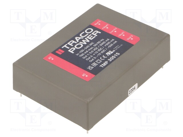 Converter: AC/DC; 30W; Uout: 5VDC; Iout: 3A; 76%; Mounting: PCB; 3000V